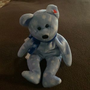 TY 1999 holiday teddy light blue with white snowflakes no tag